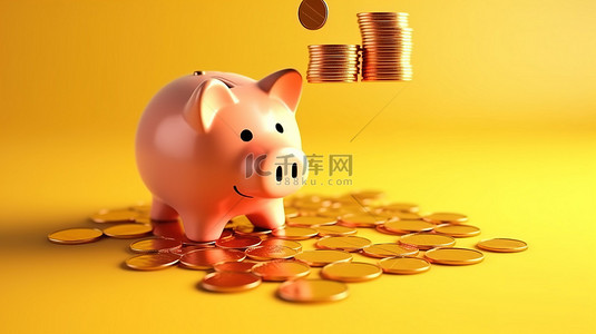 猪的插图背景图片_存钱 3d 渲染卡通手的插图，将金币添加到背景中有一堆硬币的存钱罐