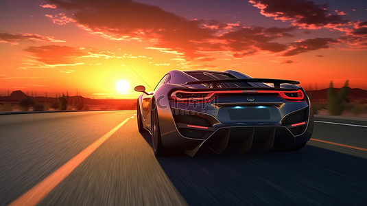 背景中跑车和日落的壮观 3D 渲染