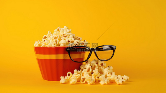 娱乐美食节背景图片_黄色背景，带 3d 眼镜和一碗爆米花