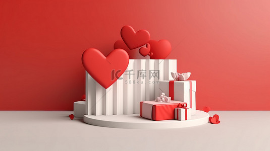 情人节粉背景图片_心形舞台的 3D 渲染，配有礼品盒，非常适合情人节婚礼