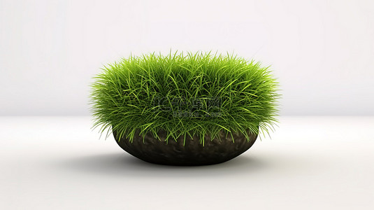 割草机背景背景图片_白色背景 3D 渲染的花盆，笼罩在茂密的草丛中