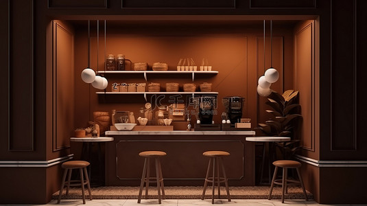 一家小咖啡店，采用棕色主题 3D 渲染，配有令人惊叹的背景插图