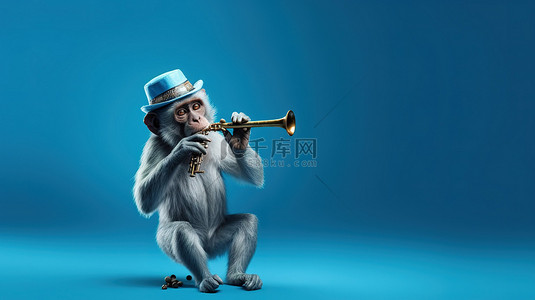 动物园卡通背景背景图片_爵士猴在蓝色背景下吹奏灵长类动物的小号的 3D 插图