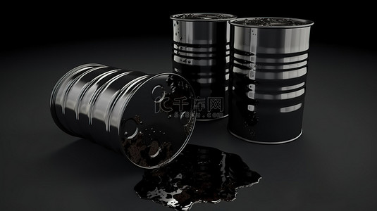 货币图标油价 3d 渲染黑油桶和汽油罐