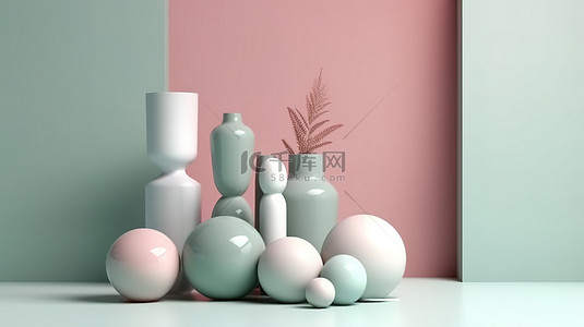 以柔和的色调对抽象形状和花瓶进行和谐的 3D 渲染