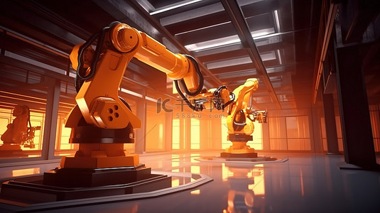 3D 渲染中描绘橙色机械臂的工厂场景