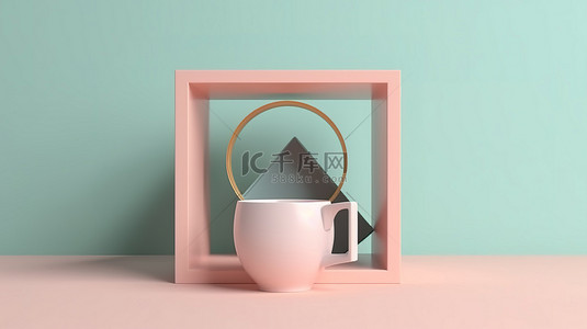时间表格背景图片_现代立方体咖啡桌上的下午茶时间 3D 渲染前视图，具有柔和的色彩和简约的场景