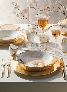 白色桌子，配有金色充电器和金色瓷器