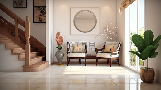 入口大厅的 3D 渲染，配有扶手椅边桌和坐垫装饰