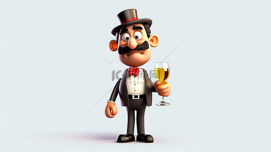 人物职业卡通背景图片_拿着酒瓶的服务员卡通人物的 3D 插图