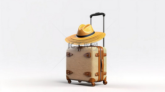 3d 渲染的草帽和白色背景上的人字拖与旅行者的手提箱