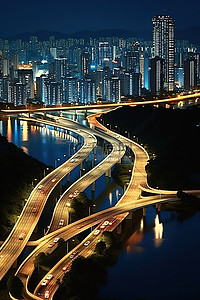 城市夜间背景图片_河边高档城市夜间的交通