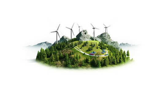 生态山景背景图片_风景秀丽的生态景观中的可再生能源 白色背景下山涡轮机和树木的 3D 插图