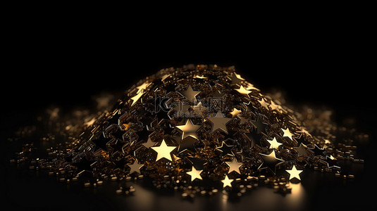 在黑暗的背景下以 3D 呈现闪耀的金色星星和耀眼的灯光