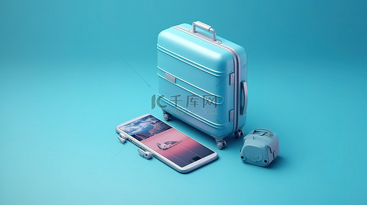 手机海报旅游背景图片_蓝色背景 3D 插图中的手机和旅行行李