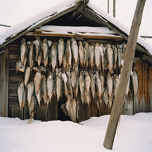 活鱼鲜鱼背景图片_冬雪中木棚顶上挂着一些鲜鱼
