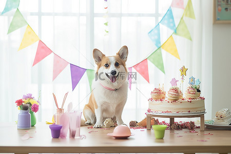 柯基犬站在生日快乐装饰品旁