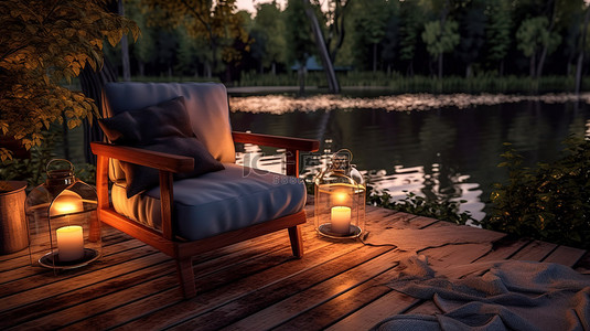 晚上河边设置甲板上扶手椅和咖啡桌的 3D 插图