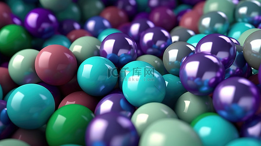 蓝紫灰色背景图片_充满活力的球体阵列紫蓝色绿色米色和灰色抽象 3D 插图