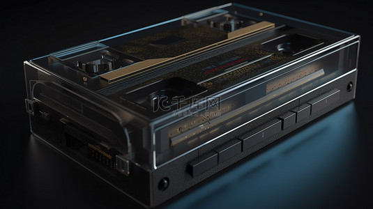 音乐播放器ui背景图片_3d 渲染复古盒式磁带播放器 ui 在黑色塑料上