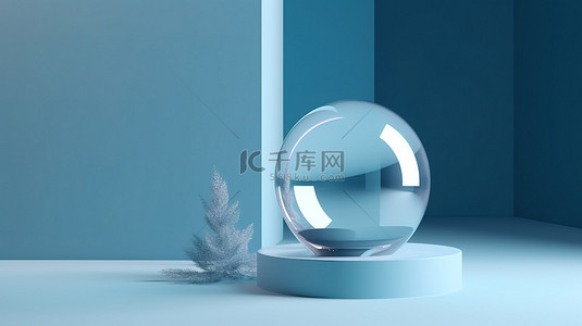 简约奢华的蓝色背景，白色底座上有圣诞玻璃球的 3D 渲染