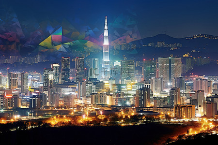 首尔城市天际线在夜间出现在背景中