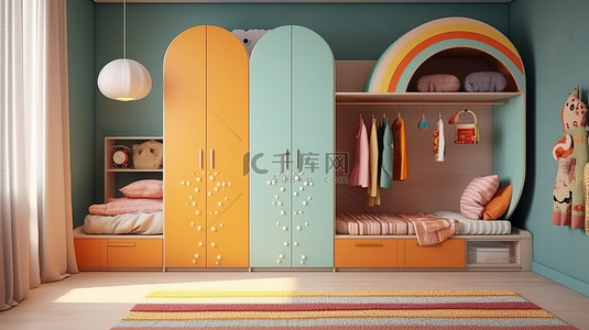 充满活力的衣柜，配有架子和时尚的装饰，旁边是 3D 渲染儿童房的长凳