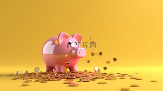 黄色背景，侧面有一个粉红色的存钱罐，硬币层叠下来，为文本提供空间，暗指通过 3D 渲染的储蓄进行经济管理