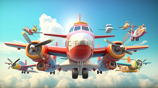 旅行度假卡通背景图片_带有“快乐旅行”横幅的 3D 渲染卡通飞机