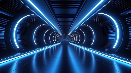 时尚的蓝色未来派走廊，深色壁纸 3D 渲染上有空白的模拟空间