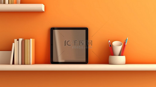 橙色墙架，方形背景横幅上带有数字平板电脑 3D 插图