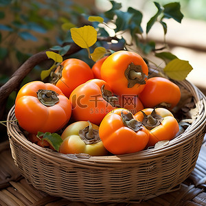 橙水果背景图片_柳条篮子里的柿子