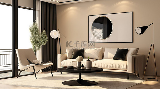 米色主题的生活空间，配有黑色家具和 3D 可视化控制台