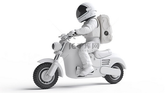 恶搞摩托背景图片_摩托车上的宇航员 3d 渲染侧视图白色背景