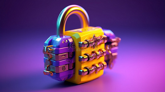 带有密码锁功能的 3D 渲染卡通插图中的紫色和黄色组合挂锁