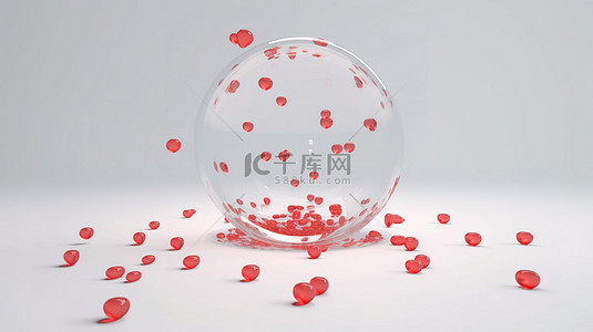 情人节的简约爱情符号现代 3D 渲染红色水晶心漂浮在白色圆形背景上