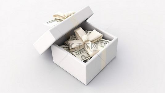 礼包现金背景图片_空白白色背景上装有钱的白色礼品盒的 3D 孤立插图