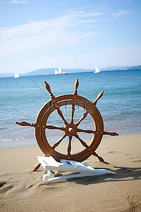 坐在沙滩上背景图片_一个船轮坐在沙滩上