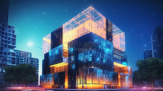 无线网科技背景图片_城市景观中一座灯火辉煌的智能建筑的未来派建筑 3D 渲染