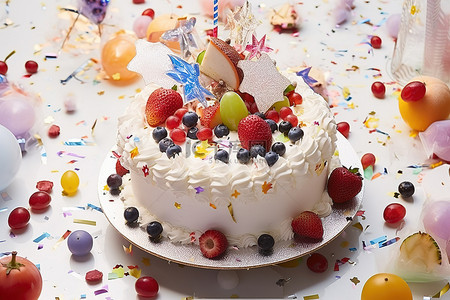 一个白色的生日蛋糕，上面装饰着五彩纸屑和派对帽