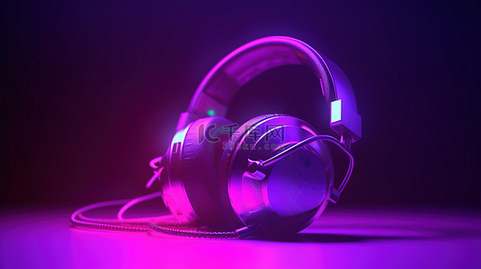 符号音乐背景背景图片_白光隔离背景上 3D 插图中的标志性紫色复古耳机