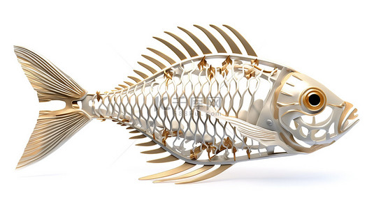 白色背景下时尚设计的鱼骨架的 3D 插图