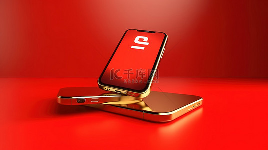 品牌手机样机背景图片_手机和 YouTube 品牌徽章的红色背景 3D 渲染