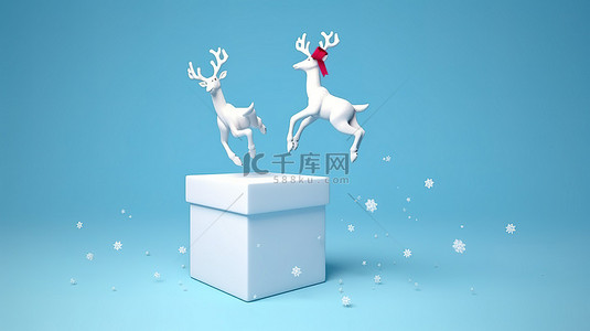 两只喜庆的驯鹿从礼盒中跳出，在 3D 渲染中，蓝色背景上装饰着红丝带和雪花
