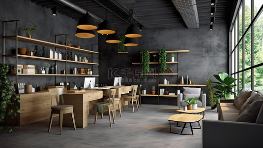 咖啡店合作空间的现代简约室内设计，配备开放式笔记本电脑 3D 渲染
