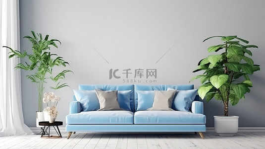 家居背景蓝色背景图片_客厅 3D 渲染以蓝色沙发植物和家居室内模型中的装饰为特色