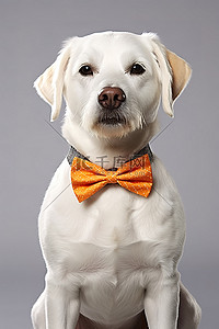 一只白狗在灰色西装前系着橙色领结