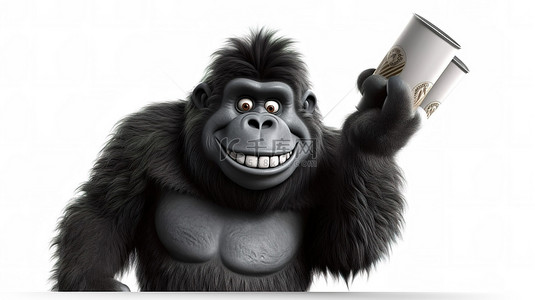 一只快乐的 3D 大猩猩，带着标志和啤酒