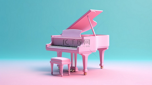 旋律氛围蓝色背景 3D 渲染上双色调风格的粉色钢琴