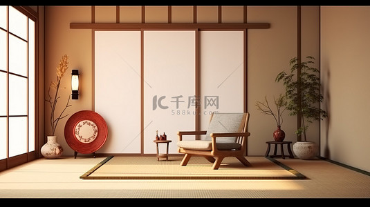 旅馆房间背景图片_日式旅馆海报框架 3D 渲染中榻榻米地板上的扶手椅和装饰元素